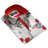 Men's Button down Tailor Fit Soft 100% Cotton Short Sleeve Dress Shirt Beige with Colorful Floral casual And Formal - Amedeo Exclusive